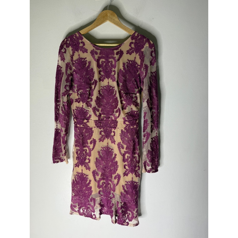 For Love & Lemons Purple Floral Lace Open Back Mini Dress Long Sleeve Tan Lining